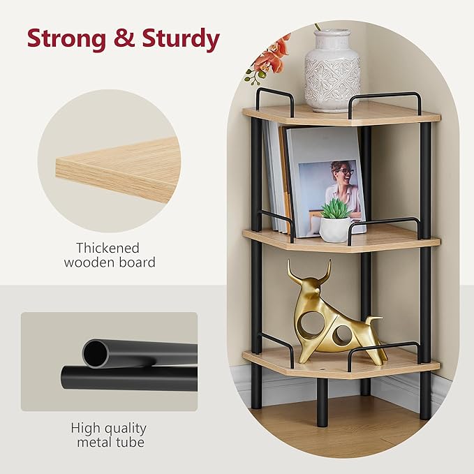 Tajsoon Corner Shelf Stand, 3 Tier Industrial Corner Shelves, Multipurpose Standing Display Shelf, Corner Shelving Unit for Bedroom, Living Room, Office, Kitchen, Natural