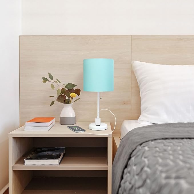Oslo 19.5" Contemporary Bedside Power Outlet Base Standard Metal Table Desk Lamp in White with Aqua Drum Fabric Shade