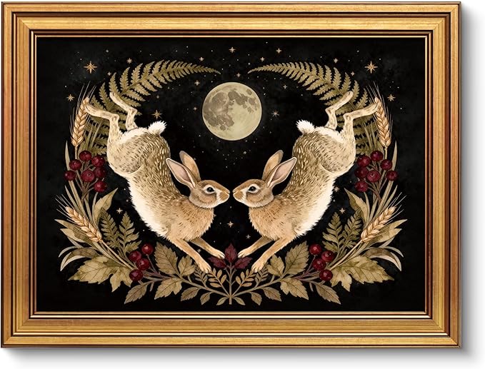 VIYYIEA Vintage Gold Framed Wall Art for Living Room, Easter Canvas Prints Home Decor, Spring Painting Picture, Bedroom Wall Decor Gifts for Friends or Family -【Moonward Hares】-(16L x 12W)