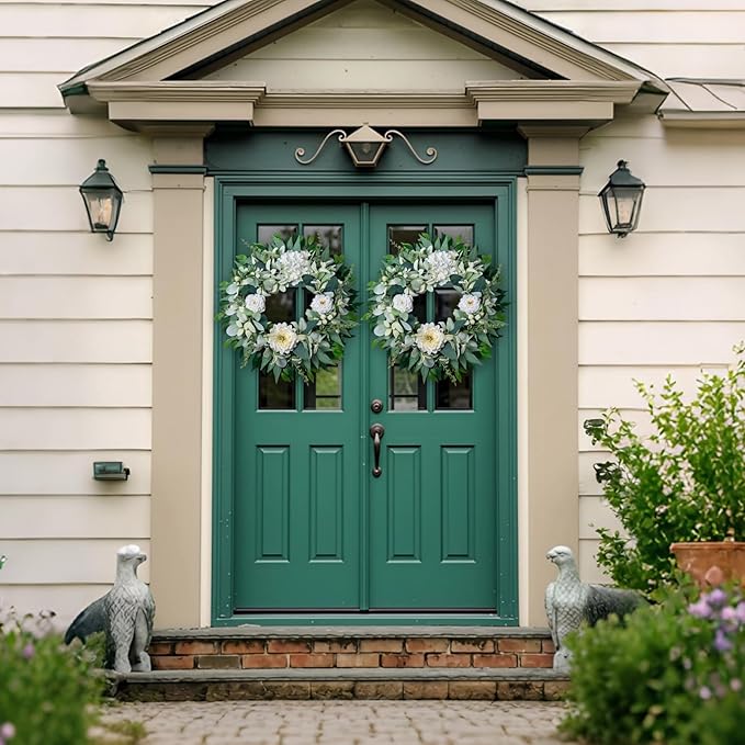 Spring Summer Wreath for Front Door Year-Round, 20" Artificial Greenery Wreath for Porch Wall Window, Farmhouse Holiday Decor with Lamb’s Ear Hydrangea Peony