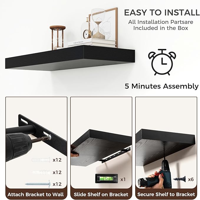 Venusmiles Floating Shelves for Wall, 30" W x 12" D x 2" H, 2 Pack of Long Wall Mounted Engineered Wood Shelves with Invisible Brackets for Living Room, Bedroom, Bathroom, Kitchen Decor, Black