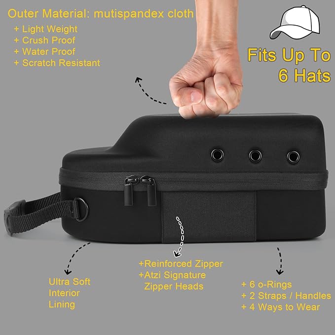 Hard baseball hat case, Hat Carrier Travel Case with Adjustable Shoulder Strap, Hat cap case for 6 Baseball Caps - Perfect for Traveling & At-Home Storage (Black with Blue)