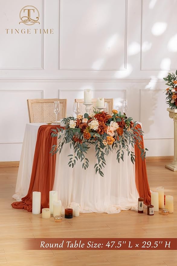 TINGE TIME Artificial Sweetheart Flower Swag with Tablecloth and Table Runner, Pack of 3 Floral Arrangement for Autumn Wedding Sweetheart Table Centerpiece Fall Decoration (Terracotta)