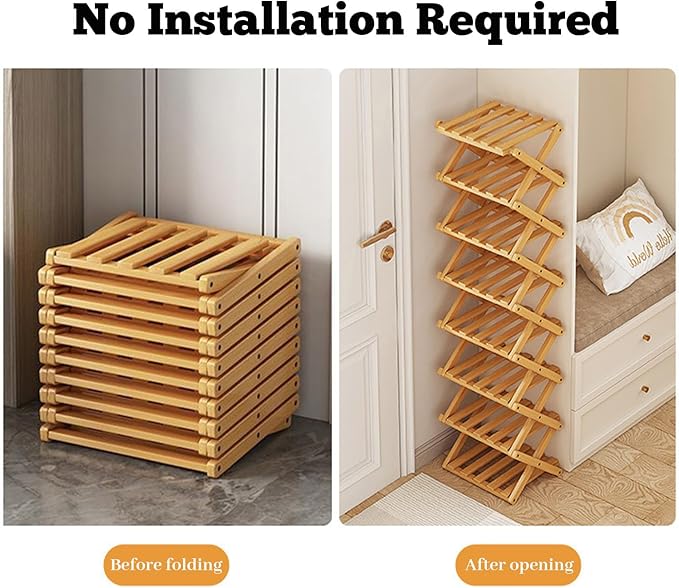 2/3/4/5/6/7/8/9 Tier Bamboo Shoe Rack - Foldable,No Installation Needed,Space-Saving Multi-Tier Storage for Indoor & Balcony Use (Brown,8 Layers)