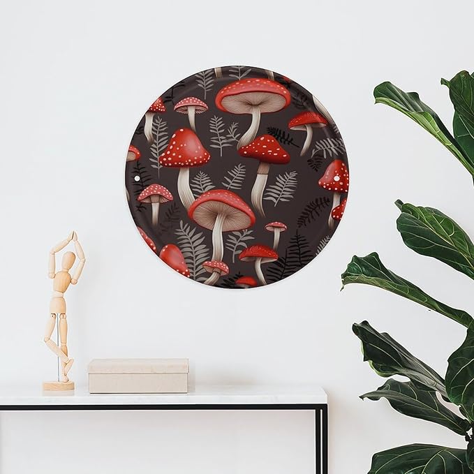 Wall Picture, with Red Mushrooms Printed Circular Iron Hanging Picture,Wall Art Decor,Home for Bedroom Living Room Bathroom Decor,Iron Painting 11.8X11.8 in