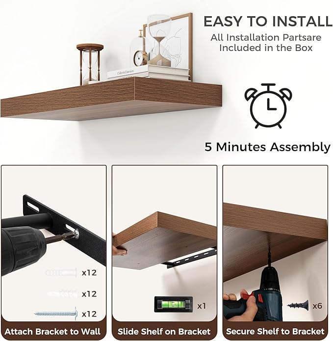 Venusmiles Floating Shelves for Wall, 30" W x 12" D x 2" H, 2 Pack of Long Wall Mounted Engineered Wood Shelves with Invisible Brackets for Living Room, Bedroom, Bathroom, Kitchen Decor, Walnut