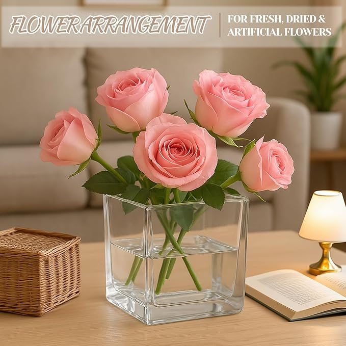 CONNOO 9 Pack Square Glass Vase 4" x 4" x 4", Clear Bulk Flower Vases for Centerpieces, Square Glass Cube Vase Floating Candle Holders for Wedding Party Home Decor