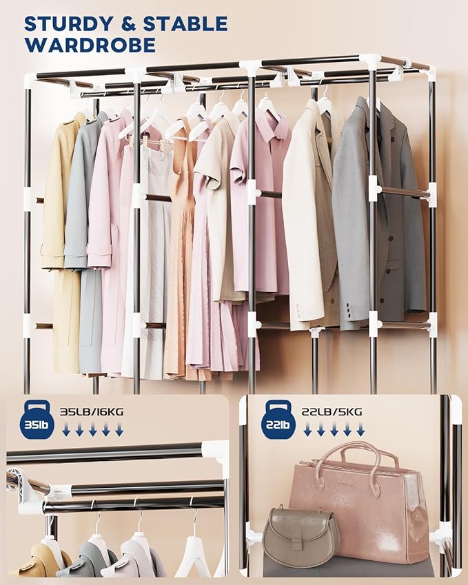Mavivegue Portable Closet, 50 Inch Wardrobe Closet, Portable Closets for Hanging Clothes with 3 Hanging Rods and 6 Storage Shelves for Bedroom, Gray
