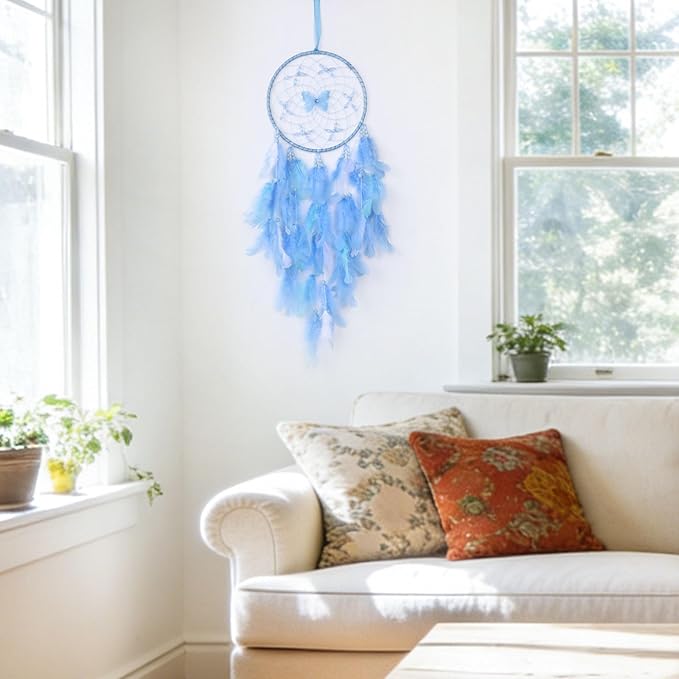 Pretty Jolly Dreamy Girls Butterfly Dream Catcher Wall Decor Fairy Blue Feather Baby Dreamcatcher Handmade Home Décor Wall Hanging for Nursery Bedroom Girls Birthday Gift