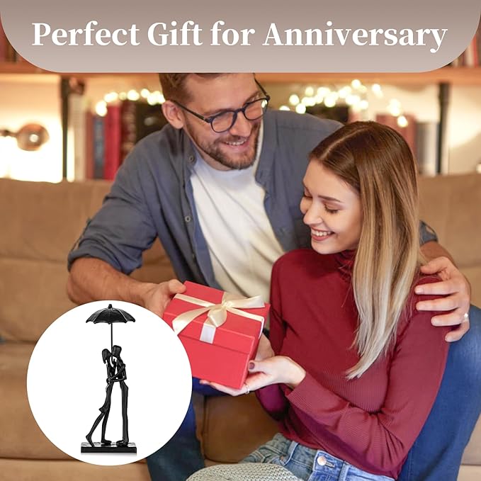 Sziqiqi Iron 6th Sculpture for Wife - Black Metal Couple Statue Kissing Under Umbrella Man Woman Sculpture Figurines for Shelf Mantel Fireplace Entry Bookshelf Television Room
