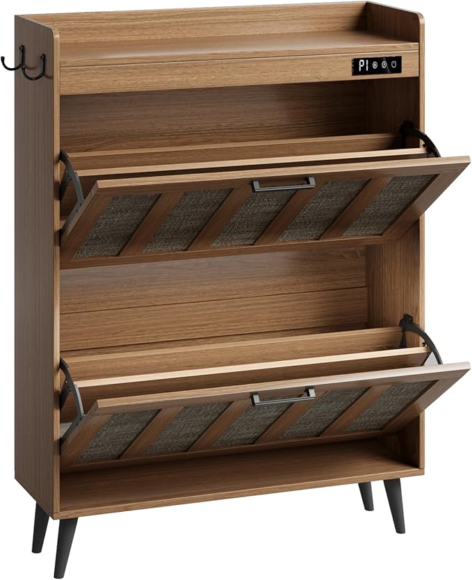 ChooChoo Shoe Storage Cabinet with 2 Flip Drawers, Deodorizing Shoe Organizer Storage for Entryway, Freestanding Hidden Slim Narrow Shoe Rack Cabinet, Rustic Oak