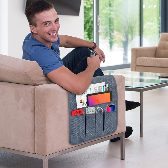 Couch Armrest Remote Control Holder, Couch Caddy Gifts for Seniors Bed Caddy Tv Remote Holder with 5 Pockets for Key Glasses Phone Magazine Holders