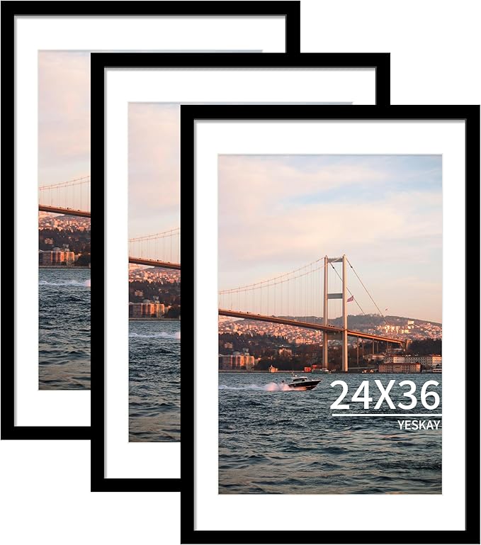 24x36 Picture Frame Black Set of 3, Display Pictures 20x30 with Mat or 24 x 36 Without Mat, Poster Frames 24x36 for Wall Hanging Horizontal and Vertical