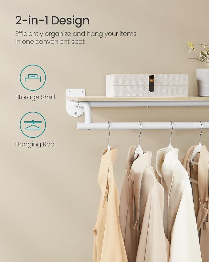 SONGMICS Clothes Rack with Top Shelf, Wall Mounted Clothing Rack, with Hanging Rod, Loads up to 77 lb, 11 x 42.9 x 5.2 Inches, Entryway, Bedroom, Closet, Natural Beige and Cloud White UHSR135W01