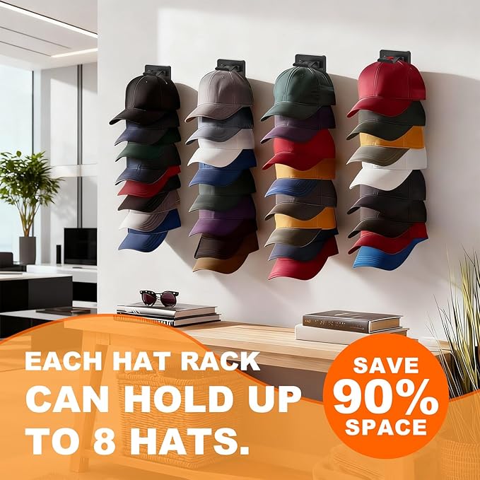 1 Pack Hat Organizer for Baseball Caps, Hat Rack for Wall, Strong Adhesive & Screw-in Cap Holder hat hangers for Closet Door & Bedroom
