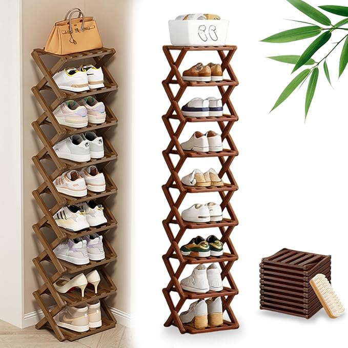DDRIC The 9-Tier No-Assembly Bamboo Rack, Foldable 9 Tier Bamboo Shoe Rack with Collapsible Vertical Design, Space-Saving Shoe Storage Shelf for Entryway Closet Dorm, No-Tool Assembly (Brown,9)
