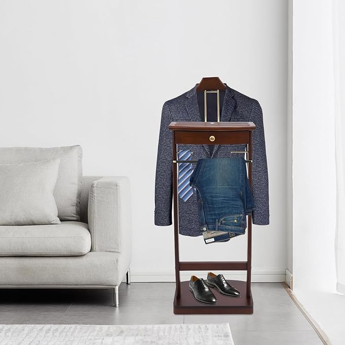 Suit Valet Stand for Men and Women, Wood Suit Stands Butler Clothing Rack, Floor Standing Clothes Valet with Drawer, Top Tray, Contour Hanger, Trouser Bar, Belt Hooks & Shoe Rack (Walnut Color)