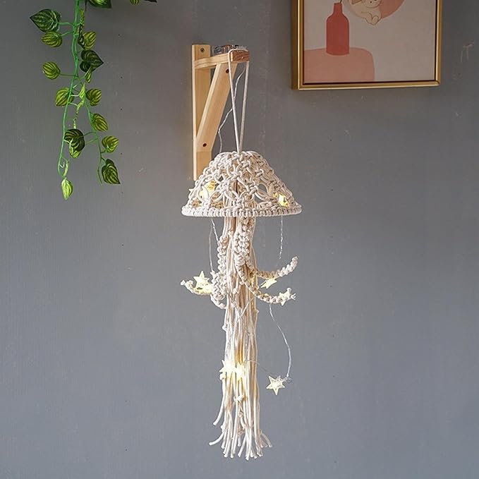 Macrame Wall Hanging,Jellyfish Dream Catcher with Star Lights,Bohemian Woven Wall Art Decor Beautiful Apartment Dorm Room Door Decoration (White)