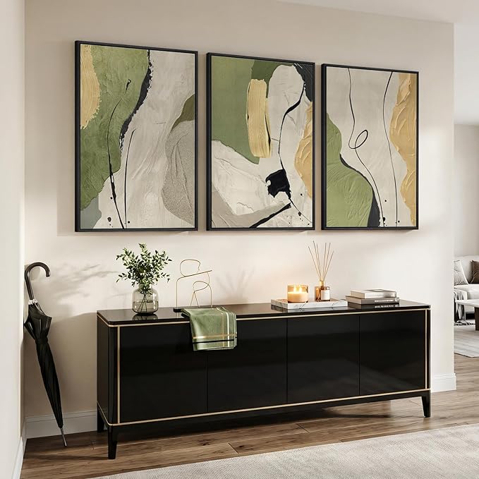 Large Framed Abstract Wall Art for Living Room, 3 Piece Modern Canvas Prints Paintings, Minimalist Green Beige Yellow Color Block Pictures for Hallway Dining Room Bedroom Office Wall Decor 24x36 In