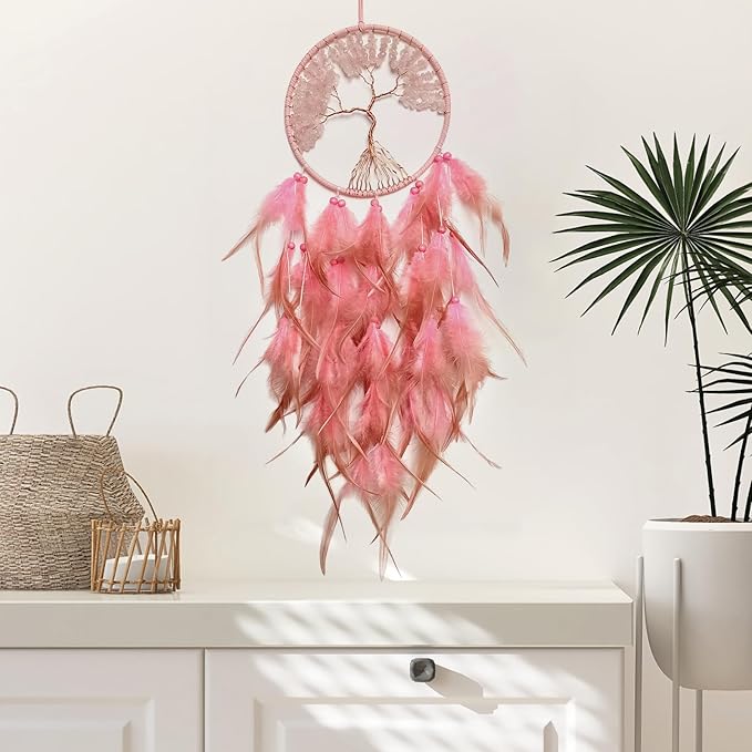 Pink Dream Catcher Wall Decor Crystal Tree of Life Dream Catchers Handmade Feather Dreamcatcher Wall Hanging Ornament for Bedroom Living Room Home Decor