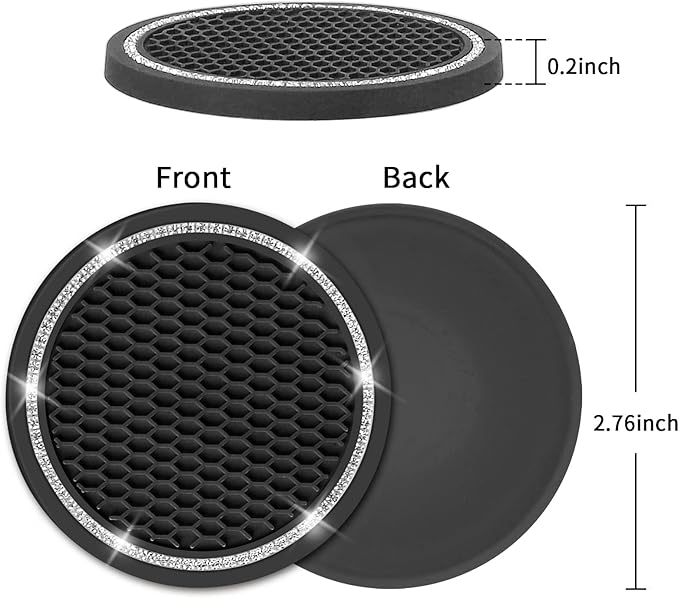Car Coasters, 4 Pack Universal Vehicle Bling Car Coaster, COCASES Crystal Rhinestone Coaster for Cup Holders, Car Interior Accessories 2.75'' Silicone Anti Slip Car Coasters for Women (Black)