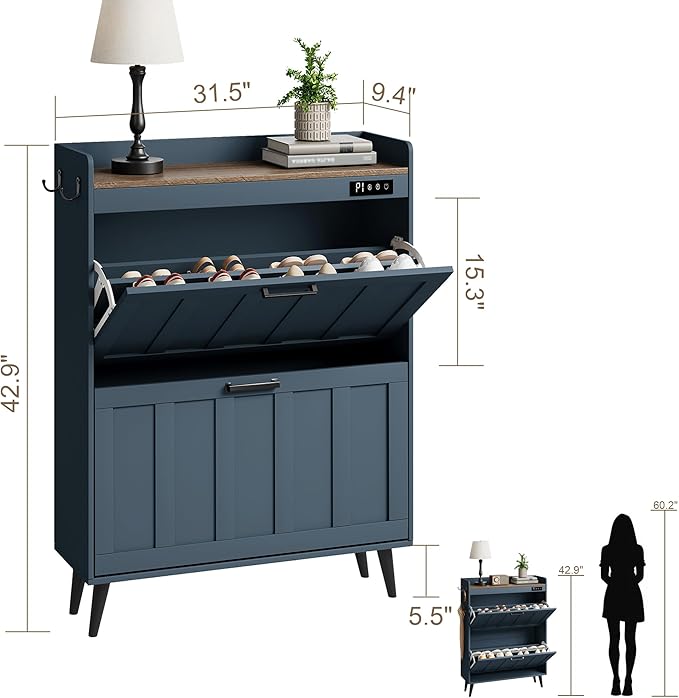 ChooChoo Shoe Storage Cabinet with 2 Flip Drawers, Deodorizing Shoe Organizer Storage for Entryway, Freestanding Hidden Slim Narrow Shoe Rack Cabinet, Blue