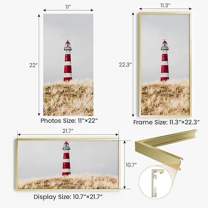 11x22 Aluminum Metal Picture Frame,Tempered Glass Gold Photo Frame 11x22 for Family Photo,Posters,Art,Document to Wall Mount Horizontally or Vertically