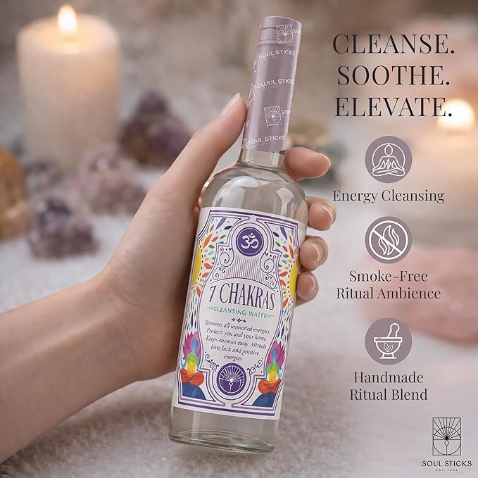 SOUL STICKS Cleansing Water 7.5 oz. Bottle for Clearing Negative Energy and Purifying Home Spiritual Florida Water Area Deodorizer (7 Chakras)