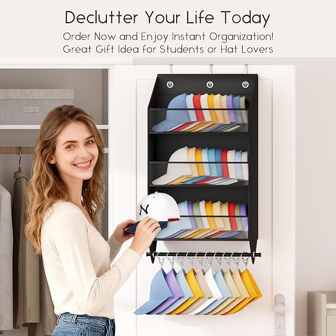 Over the Door Hat Rack - 3-Layer Design Hat Organizer Holds 30-36 Hats with 10 Hooks, Ideal Hat Rack for Door, Over the Door Organizer for Closet, Apartment, Bedroom, Dorm, 1 Pack, Black