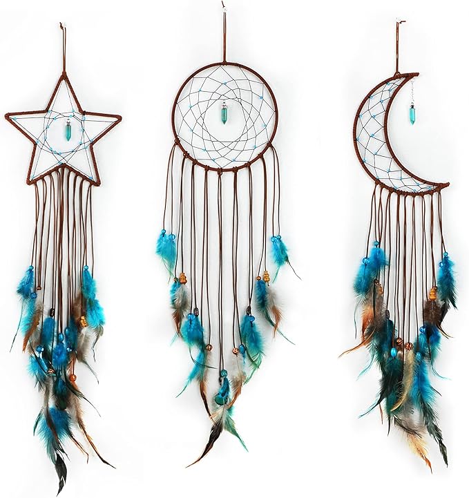 Jetec 3 Pcs Dream Catcher Moon Sun Star Design Handmade Traditional Craft Ornament Wall Hanging Home Decoration Bedroom Wedding Halloween Christmas Decorations(Dark Blue)