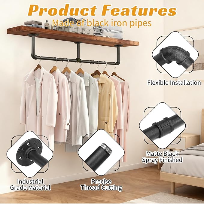 60 INCH Clothes Rack Wall Mounted, Industrial Pipe Garment Rack, Multi-Purpose Clothing Rod for Closet, Laundry Room, Retail Display, Black