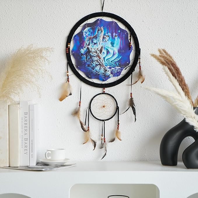 Remorelt 3PCS/Set Large Size Dream Catcher Wolf & Eagle Pattern Hanging Decor, Native American Style Ornament for Home, Dorm, Car,Wolf Decor Wolf Gifts for Wolf Lover(DC04 13Inch Set 3 Mix)