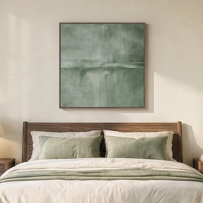 Large Framed Green Abstract Wall Art, Modern Minimalist Sage Green Canvas Prints Artwork for Walls, Contemporary Square Pictures for Living Room Bedroom Dining Room Hallway Office Wall Decor, 36x36 In
