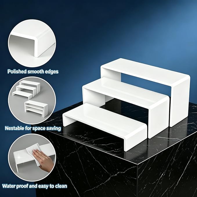 Wider Version White Acrylic Display Risers 2 Sets 6 Pcs 4 Inch Wide Rectangular Shelves for Tabletop Display 3 Sizes for Jewelry Cupcake Funko Pop Figures Retail Showcase Decor