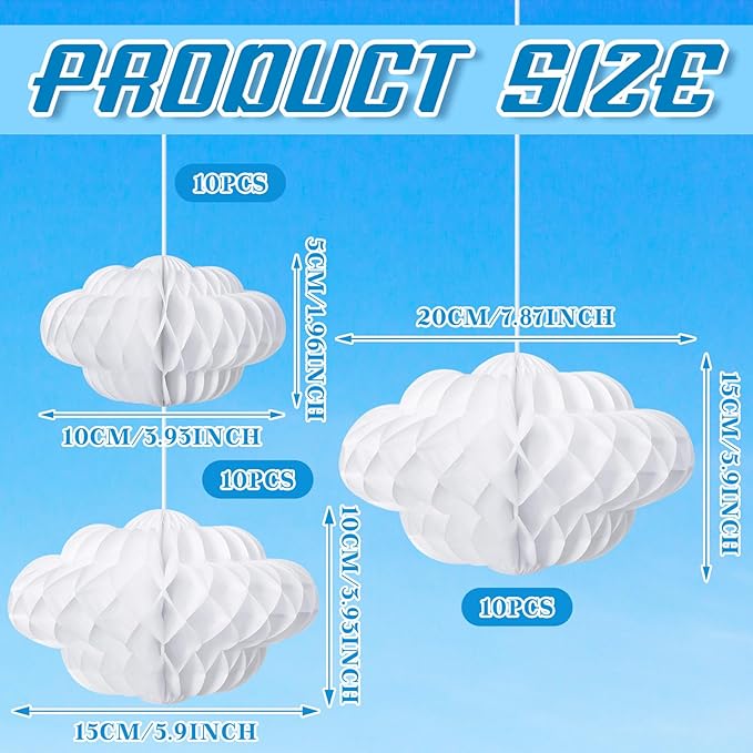 Affrolling 30 Pcs 3D Cloud Decorations Hanging Honeycomb Decor Artificial Cloud Ornaments for Ceiling Art Wedding Birthday Nursery Room Baby Shower Party Decorations (Small,Classical Style)