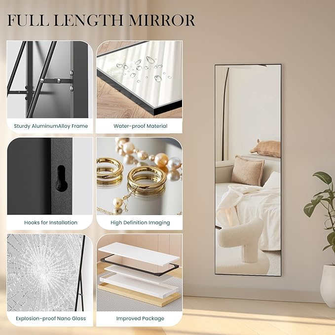 DUMOS 59"x16" Full Length Mirror, Full Body Mirror with Aluminum Alloy Thin Frame, Standing Mirrors with Leaning or Hanging, Suitable for Bedroom, Livingroom, Cloakroom, Black