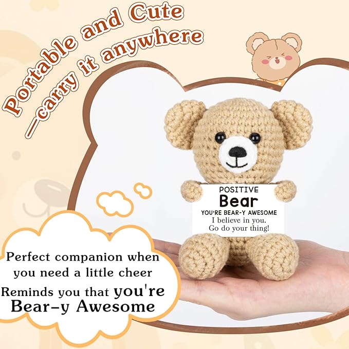 WELLBANEE Positive Crochet Bear Gift for Women Men, Mothers for Dad Mom, Positive Bear Graduation Gift for Daughter Son Student, Teacher, Friends, Boss Gifts for Women Coworker