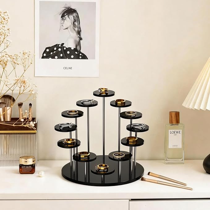Round Acrylic Display Riser Stands, 12 Tier Jewelry Display Stands for Rings Earrings Mini Figurines 1 Pack(Black)