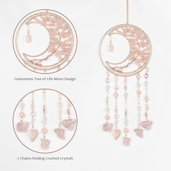 Pink Gemstone Dream Catcher 7 Chakras Tree of Life Moon Dream Catchers with Healing Crystal Stones Handmade Suncatcher Dreamcatcher Wall Decor for Adults Living Room,Bedroom,Garden,Bless Gift