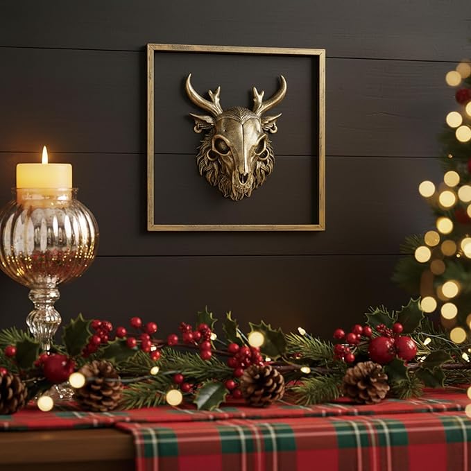 JJALIGHTS Exquisite Resin Animal Head Wall Sculpture (Gift Metal Frame) - Imitation Copper Vintage Decor for Living Room, Bedroom & Office | Decorative Wall Hanging Art (Wendigo)
