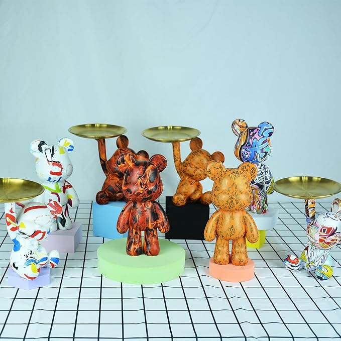 Key Holder Bowl Tray for Office Desk, Decorative Animal Bear Sculpture Home Decor Statue, Storage Tray for Entryway Table (Graffiti)
