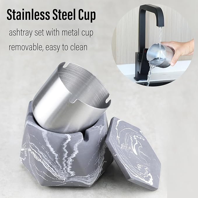 FREELOVE Concrete Ashtray with Lid & Stainless Steel Ashtrays for Cigarettes, Cement Ash Tray Smoking Holder Indoor Smokeless Outdoor Windproof Patio Home Office Cool Decor(Grey-White, Large)
