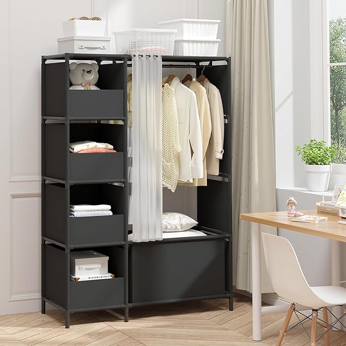 MOYIPIN Portable Closet，Free Standing Wardrobe Closet with Hanging Rod and Curtain，Clothes Storage Organizer, for Cloakroom, Bedroom，40.55 x 16.73 x 65.35Inches，Black