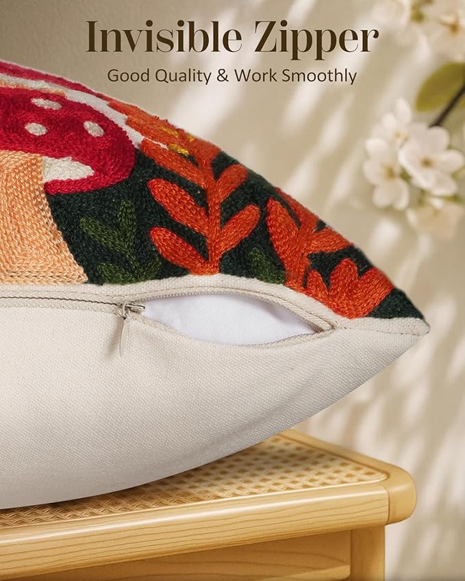 Embroidered Lumbar Pillow Cover 20x12 Inch - Spring Summer Boho Decorative Pillow Cover with Zipper for Living Room Couch Sofa Bed Aesthetic Design Mushroom Moon Cushion Pillowcase