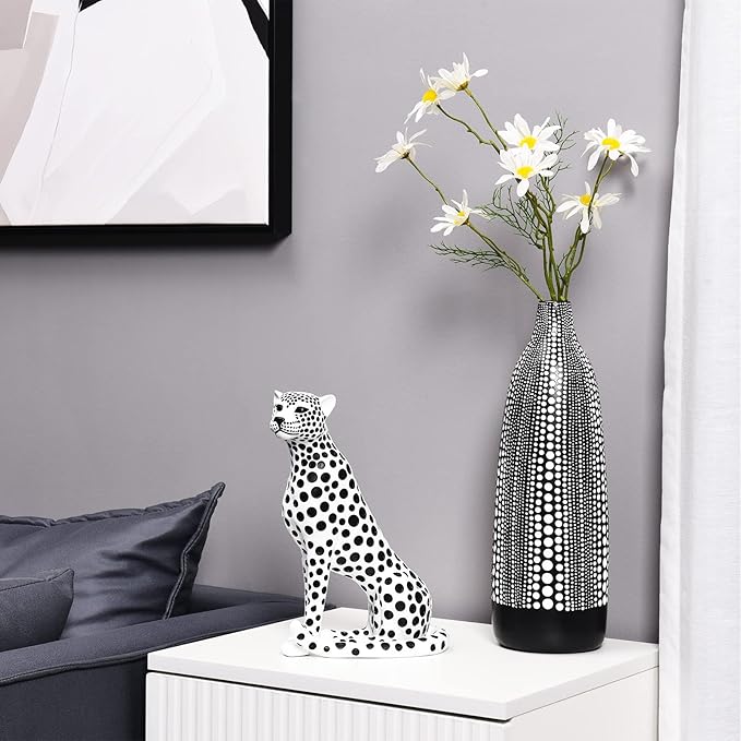 Quoowiit Statues for Home Decor, Modern Sculptures and Statues Decorations for Living Room, Bedroom, Table, Bookshelf, White Resin Leopard Art Decorative Sculpture with Black Polka Dots Design