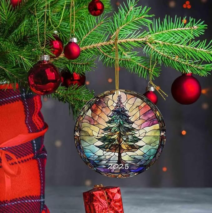 Christmas Ornaments, Stained Glass Style, Round Fun Acrylic Decoration Gifts (Christmas Tree)