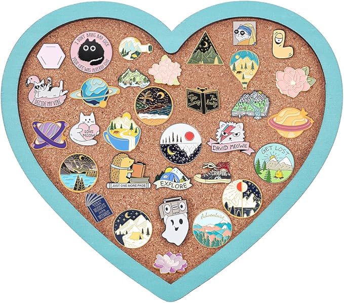 BENECREAT Heart Pin Cork Board, Bulletin Display Board Wall Mounted Cork Board with Light Sky Blue Frame for Brooch Pin Storage Display, Office Home and School Decor, 6.9x7.8inch
