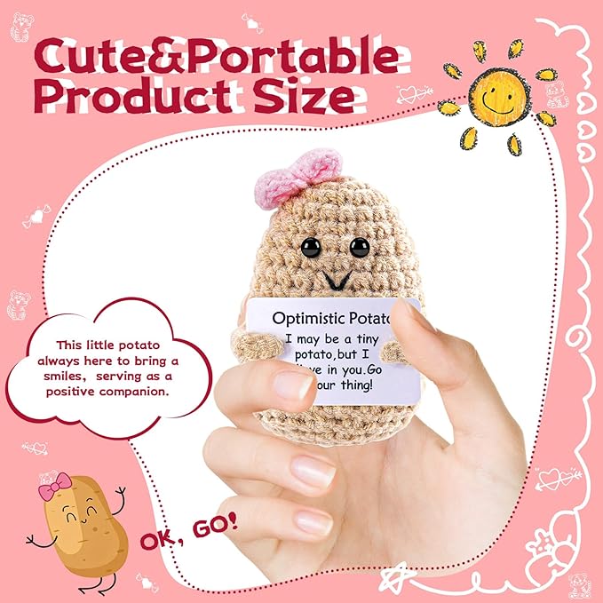 Positive Funny Crochet Potato Gifts for Girls Dad Women Men Friend,Mother's Day Easter Birthday Gifts from Daughter Son Handmade Kintted Crochet Doll with Emotional Encouragement Card Desktop Decors