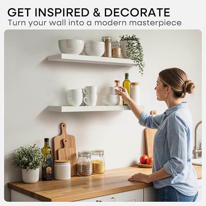 Homeforia White Floating Shelves 30 inch, High End Solid Real Wood 30inch Floating Shelf for Wall Mounted, White Wooden 30in Long Floating Shelves, Heavy Duty Bracket, 30 X 6.5 X 1.75 inches, Set of 2