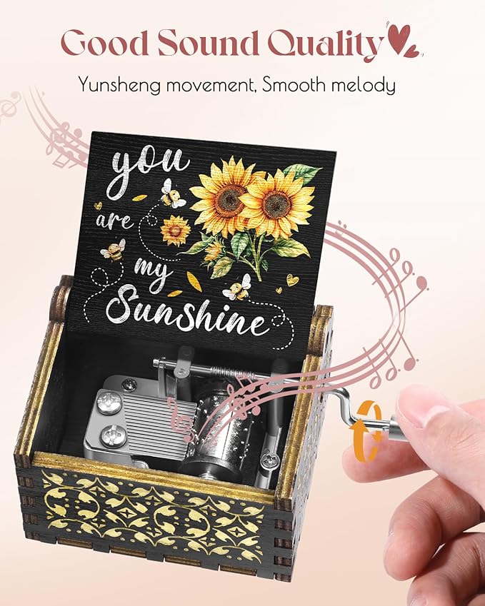 Swooflia You are My Sunshine Wooden Music Box for Mom with Sunflower Greeting Card - Hand Crank Engraved Musical Box Vintage Mechanism Personalized Gifts for Women On Birthday